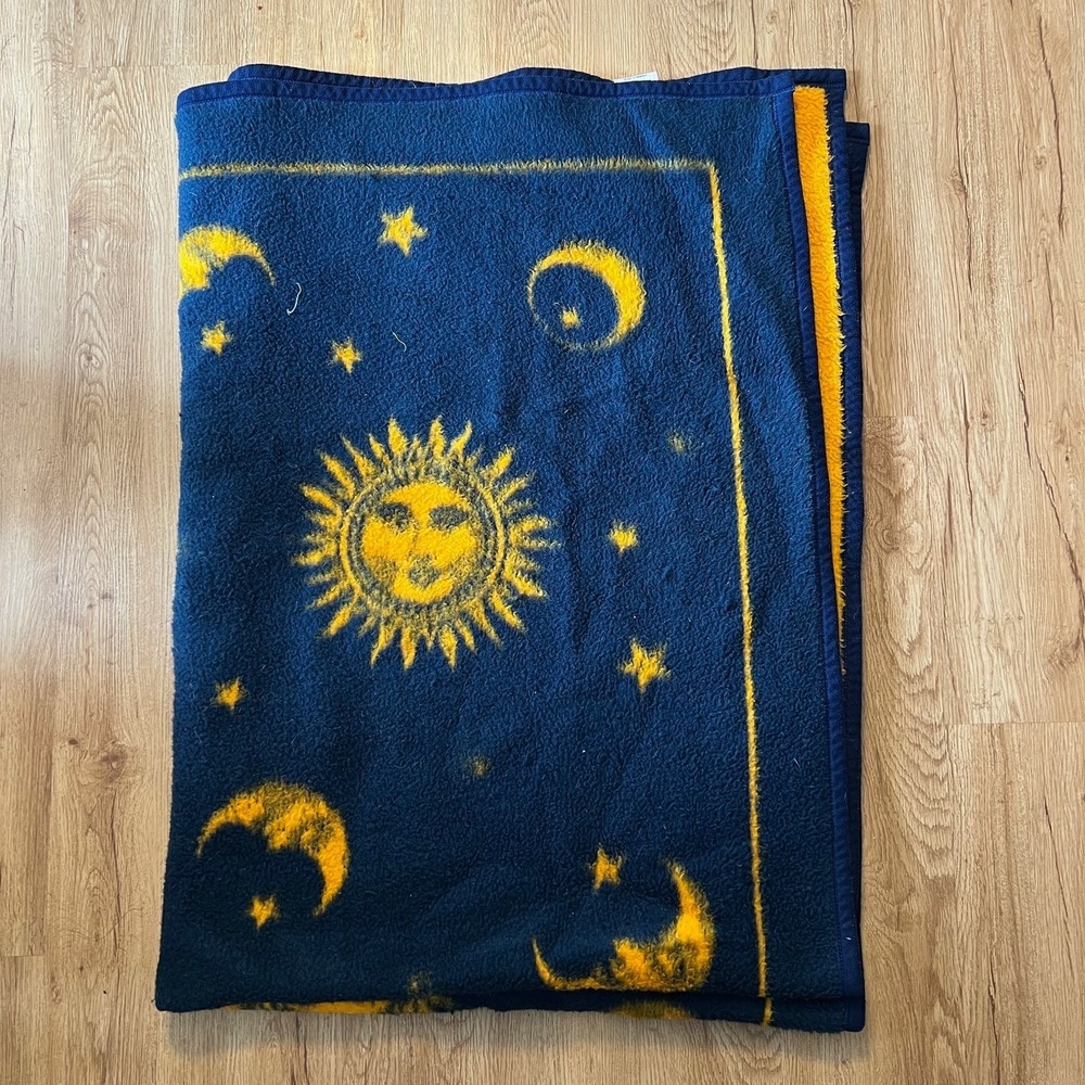 VTG Biederlack Celestial‎ Throw Blanket Sun Moon Stars Blue Yellow USA 54x74